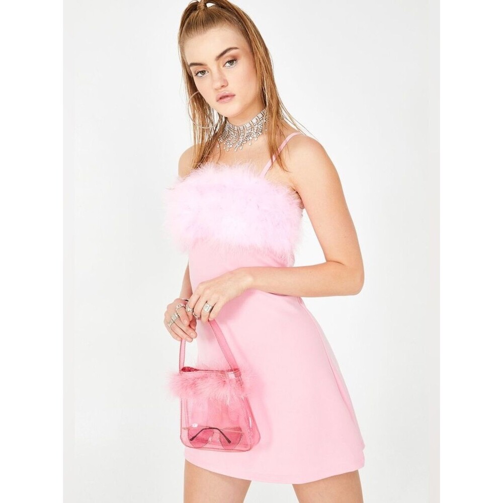 Coquette Soft Pink Feather-Trimmed Slip Mini Dress Size S NWT